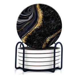 Dooke Coasters for Drinks, Round Absorbent Ceramic Stone Coasters Set of 6 with Cork Base,Drink Coasters with Holder for Cold Drinks Wine Mugs and Cups Tabletop Protection, 4 Inches,Black Marble