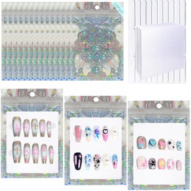 Sawvolker 100 PCS Press On Nails Packaging Bag Holographic Nail Storage Bag and 100PCS Shiny White Pearl Card with 7 Sheets Pre-cut Nail Tape (Star)