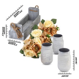GBtroo Mason Jar Centerpiece – Handmade Table Decoration for Farmhouse Kitchen and Shabby Chic Rustic Wedding Decor – Antique White Glass Jars with Faux Flowers in Distressed Wood Box