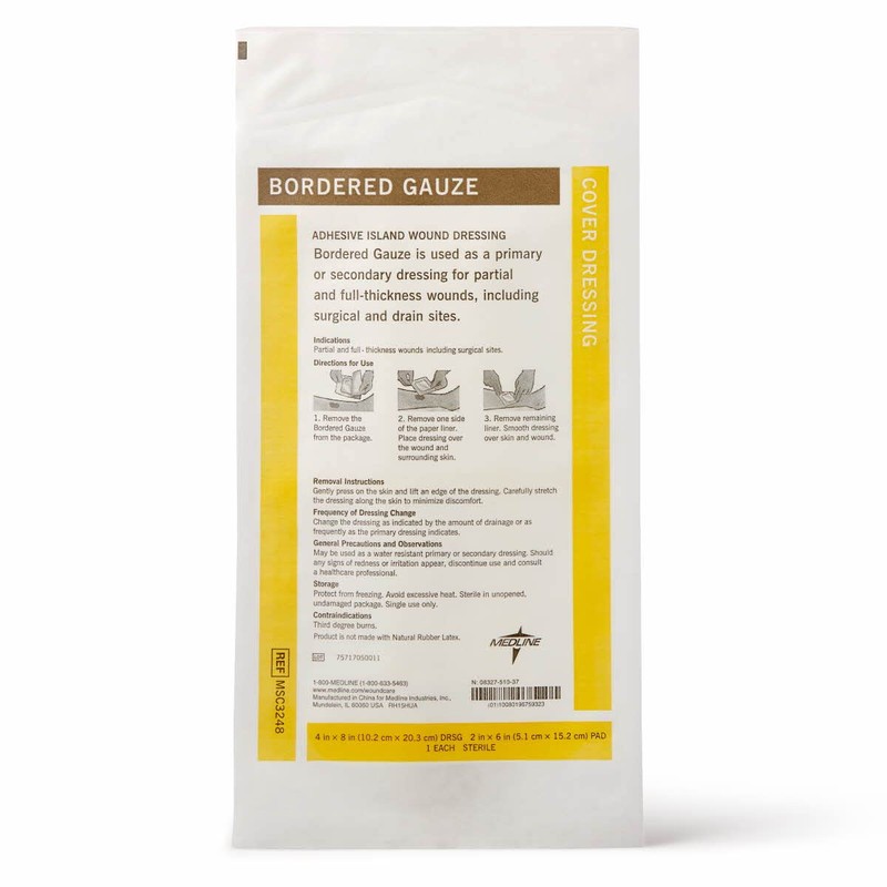 Medline Bordered Gauze, 4" x 8" Adhesive Island Wound Dressing,