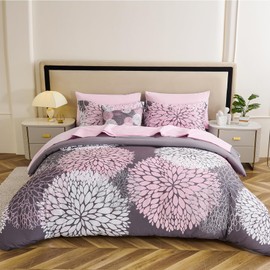 Koniroom 8-Piece Queen Comforter Set - Reversible Pink and Grey Floral Bed in a Bag with Sheets, Pillowcases, Shams, and Decorative Pillow Cover