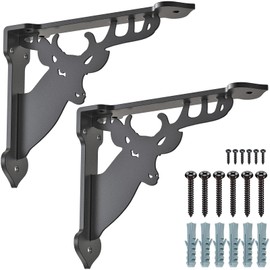 SELEWARE Heavy Duty Shelf Brackets 12 Inch, Deer Shelves Brackets, 300LB Capacity Decorative Metal L Brackets for Floating Shelves, Black Rustic Wall Mount Shelving Bracket with Screws, 2 Pack