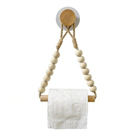 Wood Bead Toilet Paper Holder Boho Toilet Roll Holder Bathroom No-Drill Self-Adhesive Accessories for Rustic, Farmhouse, Boho, or Kitchen