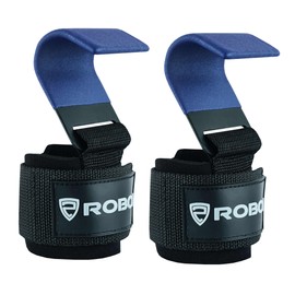 ROBOX Weight Lifting Hooks - Non-Slip Rubber Coated Rod Grip Hooks with Thick Padded Wrist Wraps for Powerlifting, Weightlifting, Pull-ups, Deadlifts, Gym for Men and Women (Pair) (Blue')