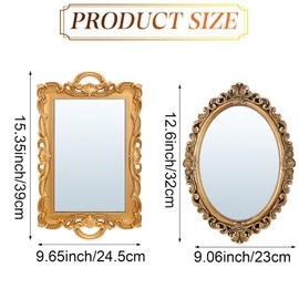 Beeveer 2 Pcs Retro Gold Mirror Set Including 12.6" x 9.1" Oval Antique Decorative Mirror 15.4" x 9.7" Square Antique Gold Mirror Tabletop Makeup Mirror for Bedrooms Living Room Dresser Decorations
