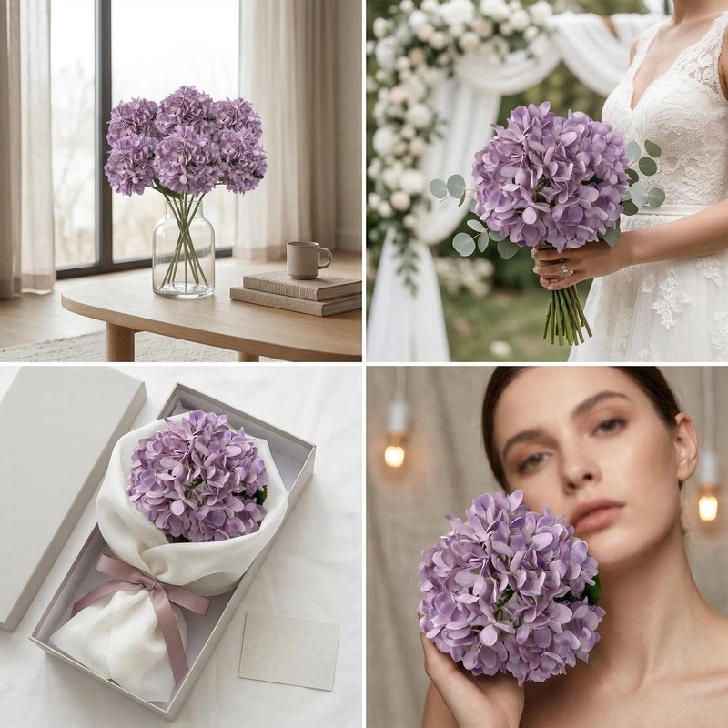 6 Artificial Hydrangea, Silk Faux Flowers, Lifelike Texture, Bendable Stem