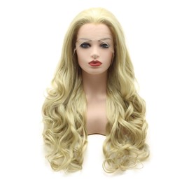Meiyite Hair Wavy Long 26inch Two Tone Honey Blonde Mix Half Hand Tied Heat Resistant Synthetic Lace Front Wigs