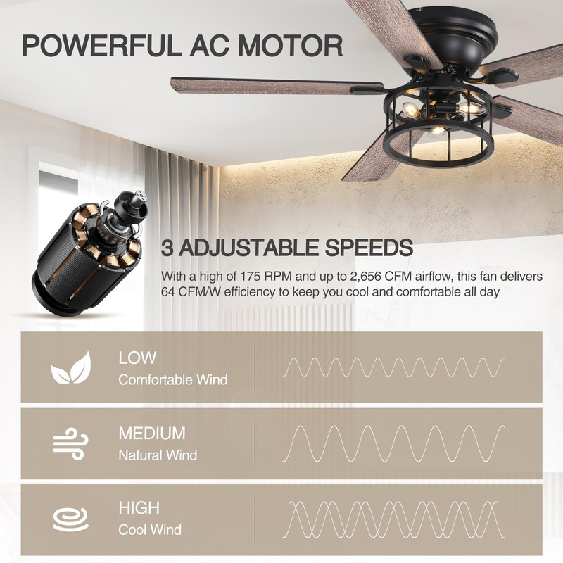 Breezary 52 Inch Flush Mount Farmhouse Rustic Ceiling Fan with