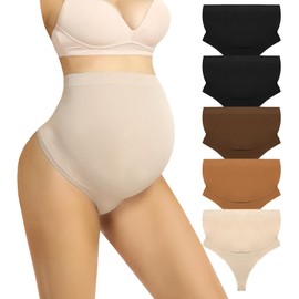 Boguish Maternity Underwear Thong for Women, Pregnancy Shapewear Over The Belly Support Seamless Pregnant Panties 5-Pack