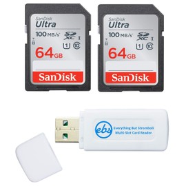 SanDisk 64GB Ultra Memory Card (2 Pack) UHS-I Class 10 SD (SDSDUNR-064G-GN6IN) - Bundle with (1) Everything But Stromboli Combo Card Reader