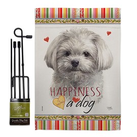 Cute Maltese Happiness Garden Flag Set with Stand Animals Dog Puppy Spoiled Paw Canine Fur Pet Nature Farm Animal Creature Small Decorative Gift Yard House Banner Double-Sided Made In USA 13 X 18.5