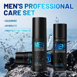 Feuchtigkeitscreme Gesicht Männer, Pflegeset Männer Skin Care Set, Gesichtscreme + Toner Gesicht + Gesichtspeeling Mann + Kosmetiktasche Durchsichtig ölkontrolle und Feuchtigkeitsversorgung