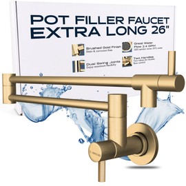 SIRCLES Pot Filler Faucet - Brushed Gold Finish - Extra Long 26-inch - Wall Mount Stainless Steel - Dual 360° Swing Joints - Teflon Tape & Extra Cartridge Included