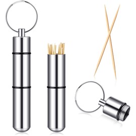Hotop Pocket Toothpick Holder Waterproof Aluminium Alloy Toothpick Box Metal Pill Case with Key Ring, 2.8 x 0.6 Inch