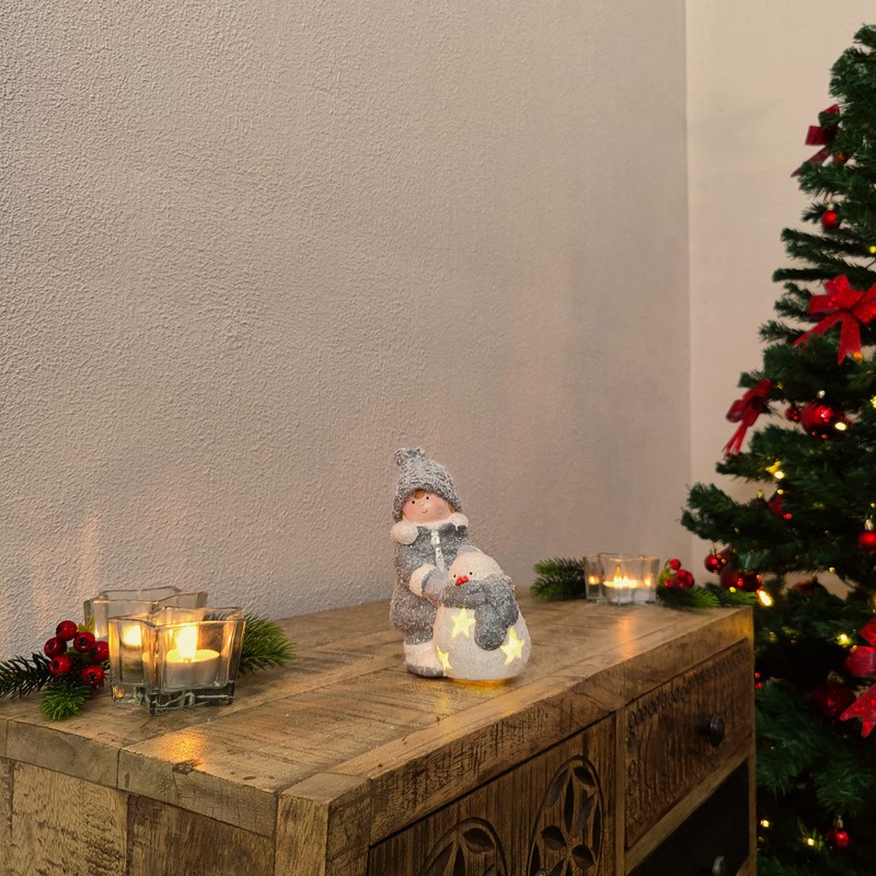 DARO DEKO Winterkind Boy with LED Snowman 16 cm Decorative
