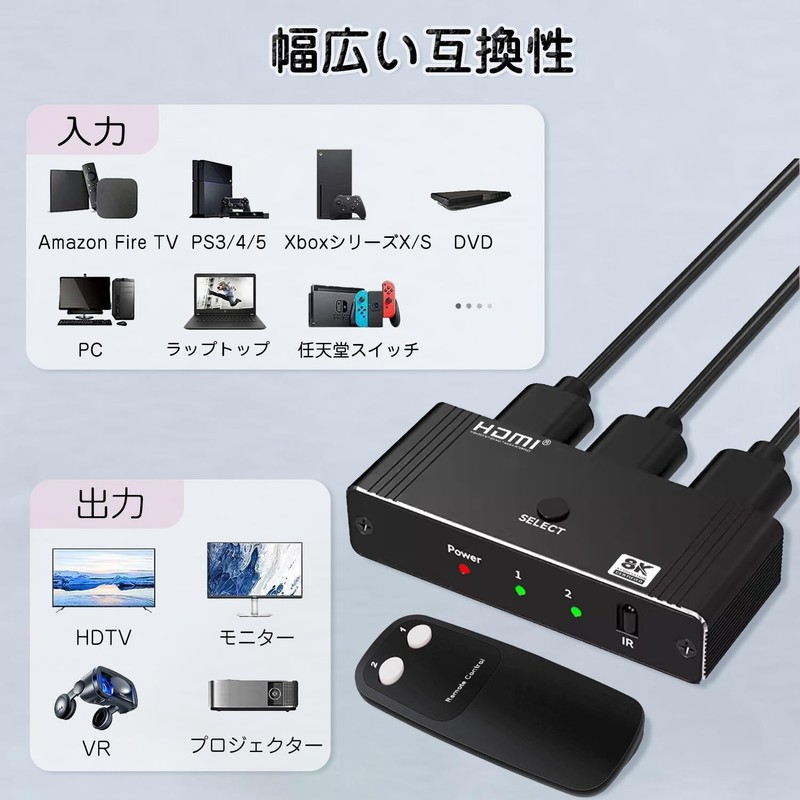 hdmi 2.1 switcher 8k@60hz, 4K@120Hz, 1080P@240Hz hdmi splitter 2 input,