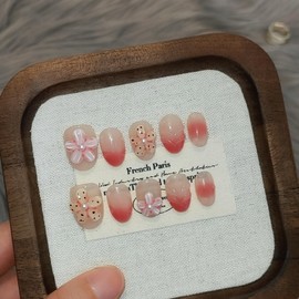 TENPAL Handmade Press On Nails Short Oval 10Pcs with Tools Kit, Coral Blush Gradient Pink Glue on Nails with Hand-Sculpted Flowers, Reusable Glossy Summer Beach Vacation Fake Nails for Teens Girls(XS)