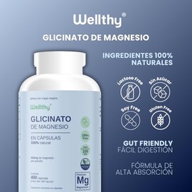 Wellthy Glicinato de Magnesio 400 Cápsulas 432mg. 100 Natural, 100 Puro, Alta Absorción, Cápsulas Veganas.                                            