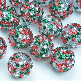30pcs Christmas Rhinestone Beads 20mm Round Disco Ball Beads Christmas Crystal Resin Chunky Bubblegum Beads Charms for Jewelry Making DIY Craft Supplies (Christmas Color)