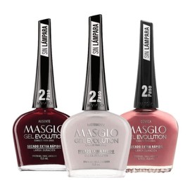 MASGLO GEL EVOLUTION Nail Polish Gel Effect, No UV/Led Lamp Required, Duration up to 12 day, 3 PCs Colors - Effecto Gel sin lampara UV/Led (AUSENTE, MATRIMONIO, COMICA)