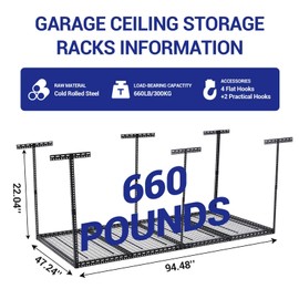 4x8 FT Overhead Garage Storage Rack, Adjustable Garage Storage Organization Systerm, 660LBS Weight Capacity Heavy Duty Metal Garage Ceiling Storage Racks, Black, Vertical Post x 6