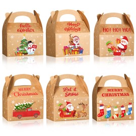 Kolldenn 42 Pcs Christmas Goody Gift Box Christmas Cookie Treat Box with Handle 3D Xmas Gift Wrap Box for Christmas Holiday Party Supplies Favors, 6 Designs(Kraft Style,Brown)