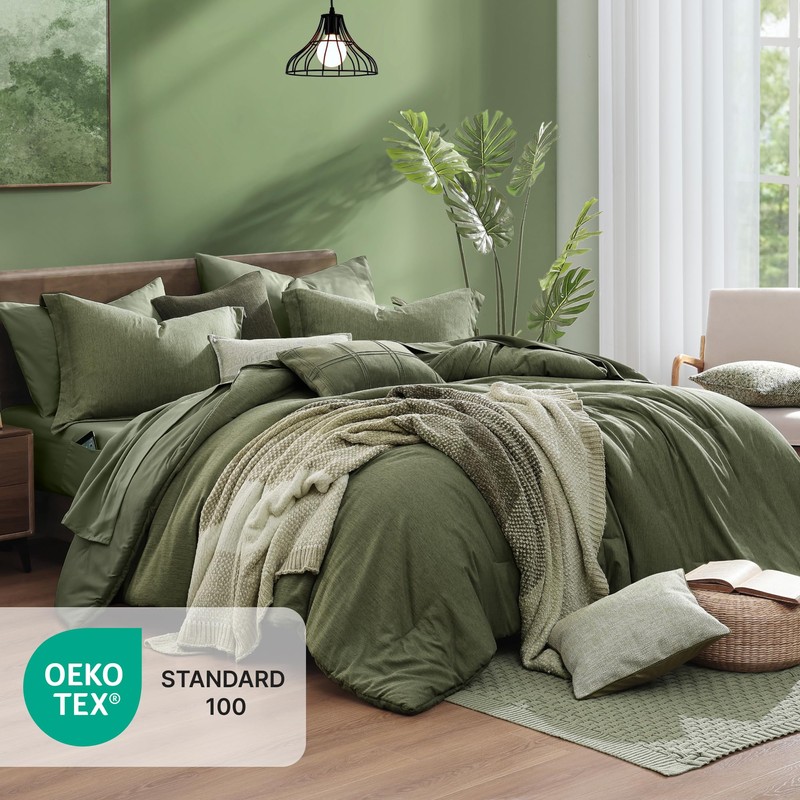 Monbix Queen Comforter Set - 7 Pieces Cationic Dyeing Olive