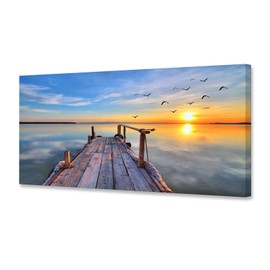 Baisuwallart S05962 Wall Art Decor Canvas Print Picture Sunset Flying Birds 1 Panel Sea Scenery Painting Sunset Glow Artwork for Kitchen Office Home Wall Decor Stretched and Framed Ready to Hang