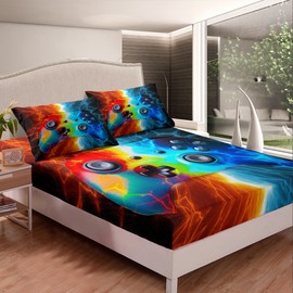 Loussiesd Boys games bed sheet set lightning gamepad fitted sheet children teenagers splicing video game gamepad fitted sheet game controller 2pcs red blue Single Size