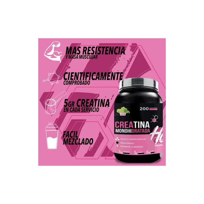 Creatina Monohidratada Heragen Polvo Sabor Uva 1kg 200 Porciones