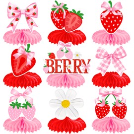12Pcs Strawberry Themed Honeycomb Centerpieces Double-Sided Berry Sweet Table Centerpiece Decor for Girls Birthday Baby Shower Strawberry Party Supplies