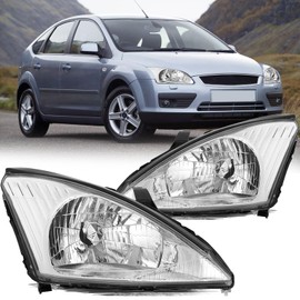 Aosky Headlight Assembly Compatible with 2000 to 2004 Ford Focus Headlamp (Chrome Housing Clear Reflector)