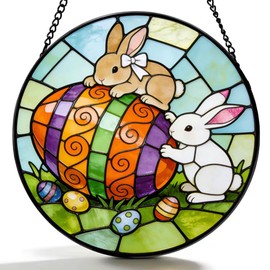 Argodaze Easter Bunny Stained Glass Suncatcher - 6.3 Inches Colorful Eggs Window Hanging Ornament for Spring Home Decor