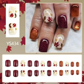 Fall Maple Leaf Press on Nails Short Square Fake Nails Designs Glitter False Nails Full Cover Stick on Nails Autumn Maple Leaves Glossy Artificial Acrylic Nails for Women Nails DIY 24 Pcs