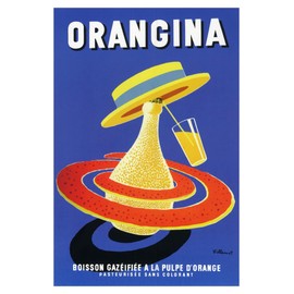 Poster Orangina French Carbonated Drink Cool Bottle with Hat and Orange Peel Skirt France 12" X 16" Image Size Vintage Poster Repro on Matte Paper
