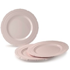 OCCASIONS 360 Pcs set (60 guest) - Extra Heavyweight Vintage Wedding Party Disposable Plastic Plates + Silverware (Double Fork) (Chateau in Blush Pink, Gold Silverware)