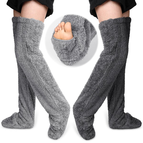 Vicenpal 2 Pairs High Fuzzy Socks Over Knee Winter Leg Warmers Plush Slipper Socks for Women Christmas Sleeping(Light Gray, Dark Gray)