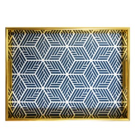 KEQAM Coffee Table Tray, Decorative Serving Tray with Handles, Large Trays for Serving Food, Morden Rectangular Serving Tray for Living Room, Geometry Blue, 15.7''X11.8''