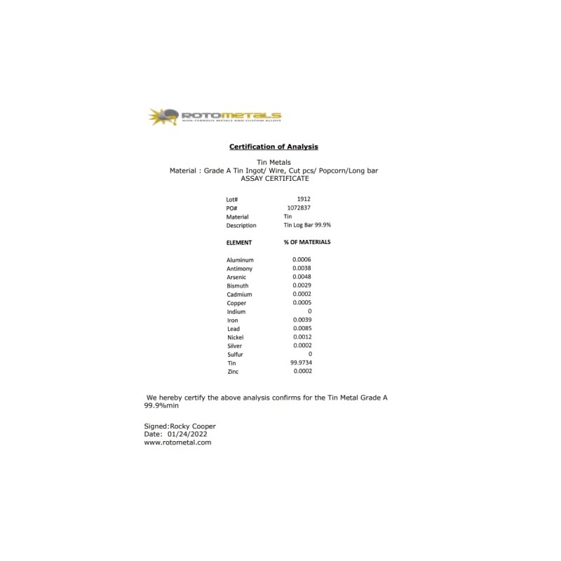RotoMetals Whole Tin Ingot 99.9+% Pure
