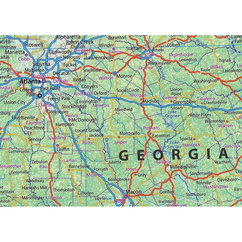 Tennessee, Alabama and Georgia Physical Map - 23.3 x 16.5
