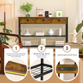GRLEAF 47" Console Table with Outlets & USB Ports – Narrow Entryway Table with 3 Drawers and Storage Shelves, Power Strip Sofa Table for Living Room, Hallway, Kitchen, Foyer – Rustic Brown Wood Finish