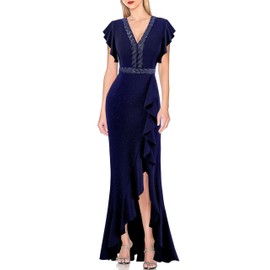 VFSHOW Womens Glitter Beaded V Neck Ruffle Sleeve Ruffle High Split Formal Evening Gown Prom Dark Blue Maxi Long Dress 082 BLU M