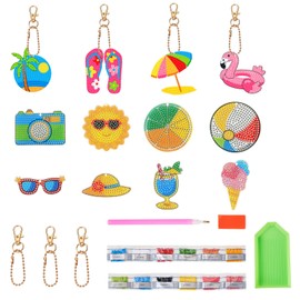 FASHEWELRY 12pcs Diamond Painting Keychains Kits for Adults Double Sided 5D Diamond Art Key Rings Summer Theme Full Drill Diamonds Pendants for Beginners Art Craft Supplies