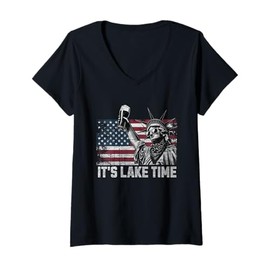 Womens Summer It’s Lake Time Beer Statue of Liberty 4th of July USA V-Neck T-Shirt