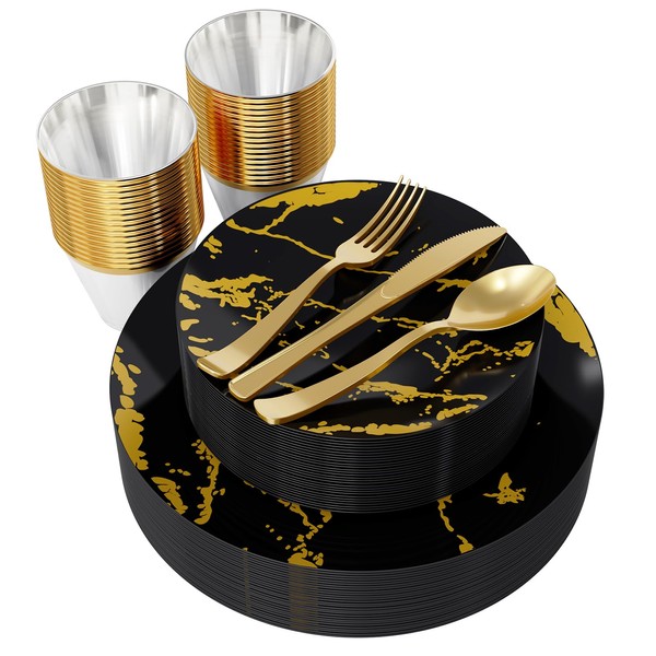 JOLLY PARTY 180PCS Disposable Dinnerware Set 30 Guest, 60 Black and Gold Plastic Plates, 30 Plastic Silverware, 30 Plastic Cups, Marble Design Plastic Dinnerware for Halloween, Wedding and Parties