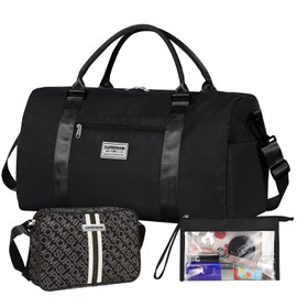 SUPROMOMI Large Travel Duffel and Small Shoulder Bag, Sports Tote Gym Yoga Airplane Carry-on Bag,Shoe with Clear Cosmeticp Bag,Outdoor Camping Overnight for Men and Women, Black