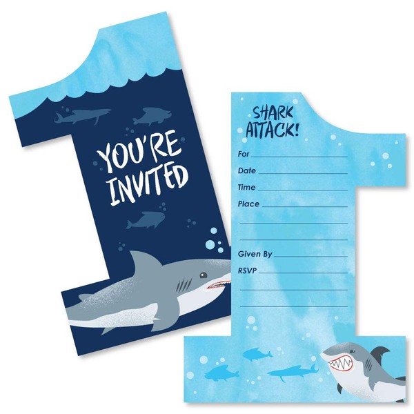 Big Dot of Happiness 1st Birthday Shark Zone - Shaped Fill-In Invitations - Jawsome Shark First Birthday Party Invitation Cards with Envelopes - Set of 12