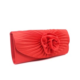 Women's Satin Pleated Envelope Style Clutch Evening Bag With 3D Rose Flower(Pewter)