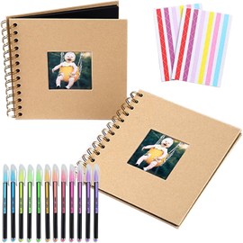 2 Pack Scrapbook Photo Album, BetterJonny DIY Black Scrap Book with Colored Pencil and Corner Sticker - Ideal for Kids Adullts Baby Scrapbooking Arts Crafts Travel Couples