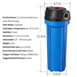 Geekpure 10-Inch Whole House Slim Water Filter Housing for 2.5" x 10" Filter - 3/4" NPT Brass Port - with Air Relief Valve-Blue (1)